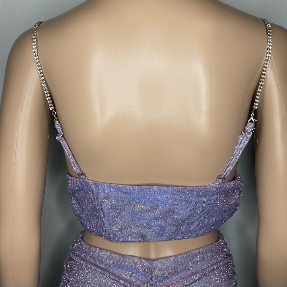 Purple Sparkly 2 Piece Cropped Tank Top & Ruched Skirt Set Rhinestone Straps - Picture 5 of 7